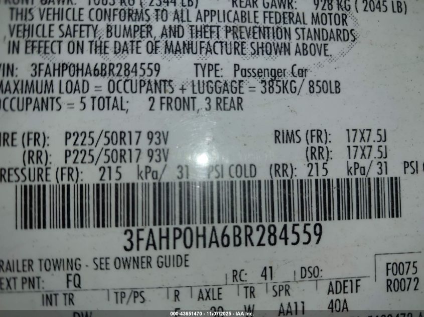 2011 Ford Fusion Se VIN: 3FAHP0HA6BR284559 Lot: 43651470