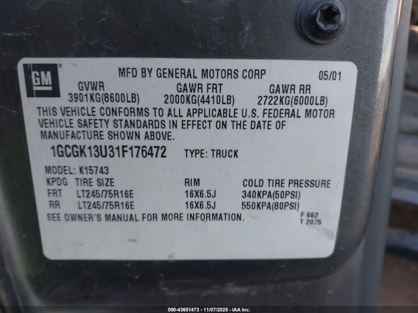 2001 Chevrolet Silverado 1500Hd Ls VIN: 1GCGK13U31F176472 Lot: 43651473