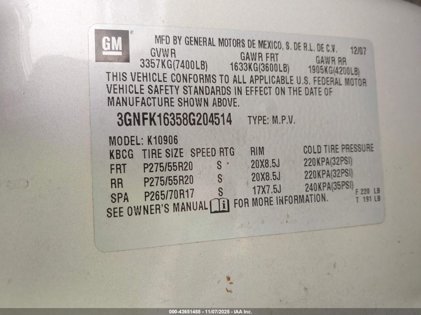 2008 Chevrolet Suburban 1500 Ltz VIN: 3GNFK16358G204514 Lot: 43651488