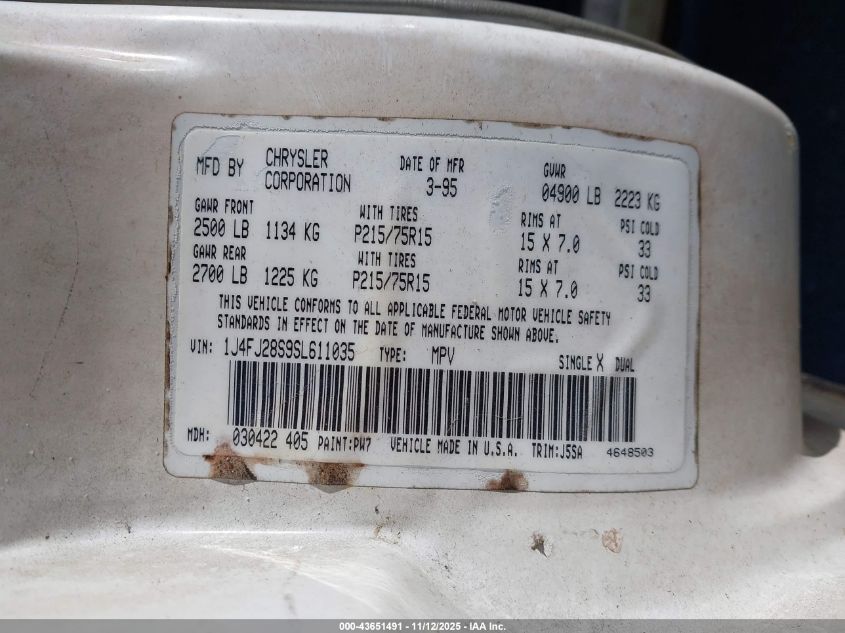 1995 Jeep Cherokee Se VIN: 1J4FJ28S9SL611035 Lot: 43651491