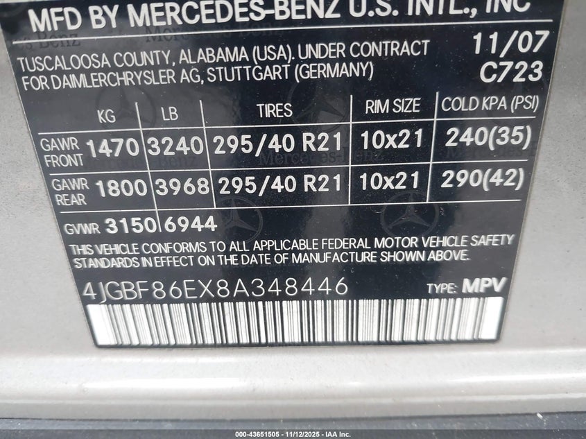 2008 Mercedes-Benz Gl 550 4Matic VIN: 4JGBF86EX8A348446 Lot: 43651505