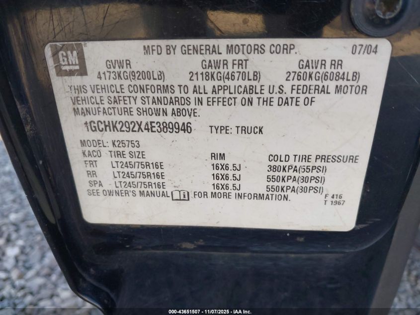 2004 Chevrolet Silverado 2500Hd Lt VIN: 1GCHK292X4E389946 Lot: 43651507