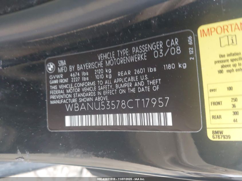 2008 BMW 528I VIN: WBANU53578CT17957 Lot: 43651515