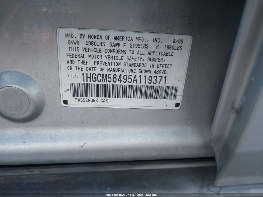 2005 Honda Accord 2.4 Lx VIN: 1HGCM56495A119371 Lot: 43651520