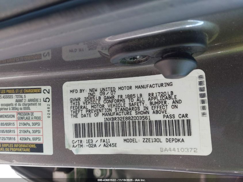 2008 Toyota Corolla Ce VIN: 1NXBR32E88Z003561 Lot: 43651522