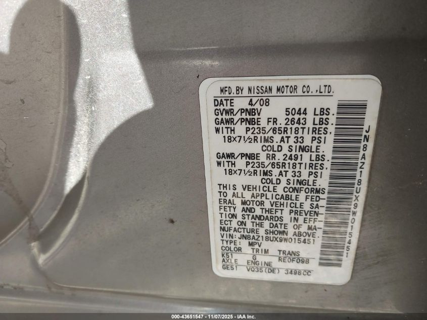 2009 Nissan Murano Sl VIN: JN8AZ18W29W207089 Lot: 43651547