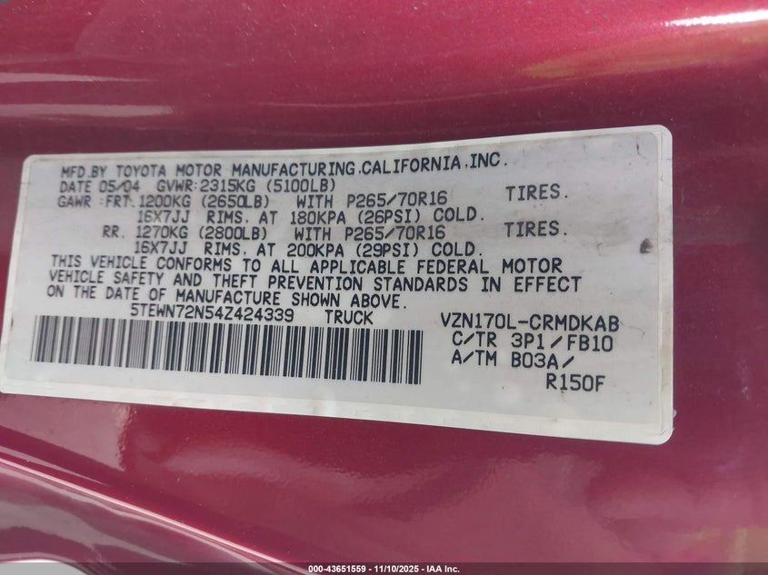 5TEWN72N54Z424339 2004 TOYOTA TACOMA photo no. 9