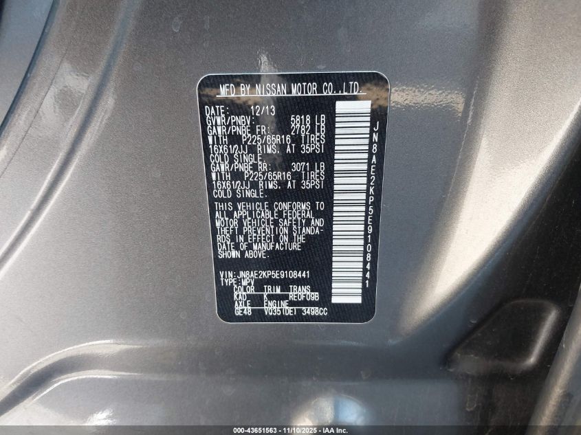 2014 Nissan Quest S VIN: JN8AE2KP5E9108441 Lot: 43651563