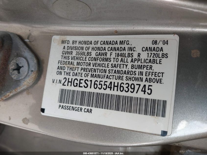 2004 Honda Civic Lx VIN: 2HGES16554H639745 Lot: 43651571