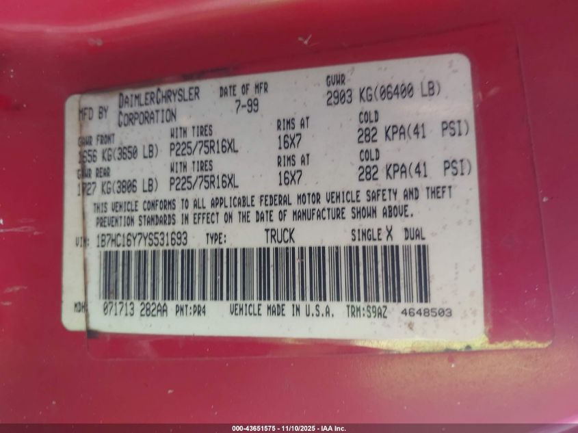 2000 Dodge Ram 1500 St VIN: 1B7HC16Y7YS531693 Lot: 43651575