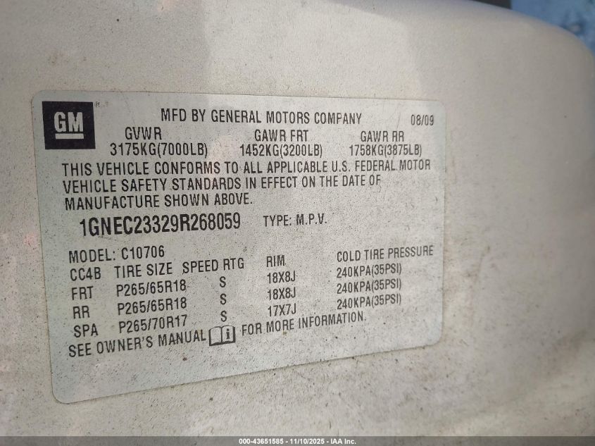 2009 Chevrolet Tahoe Lt2 VIN: 1GNEC23329R268059 Lot: 43651585
