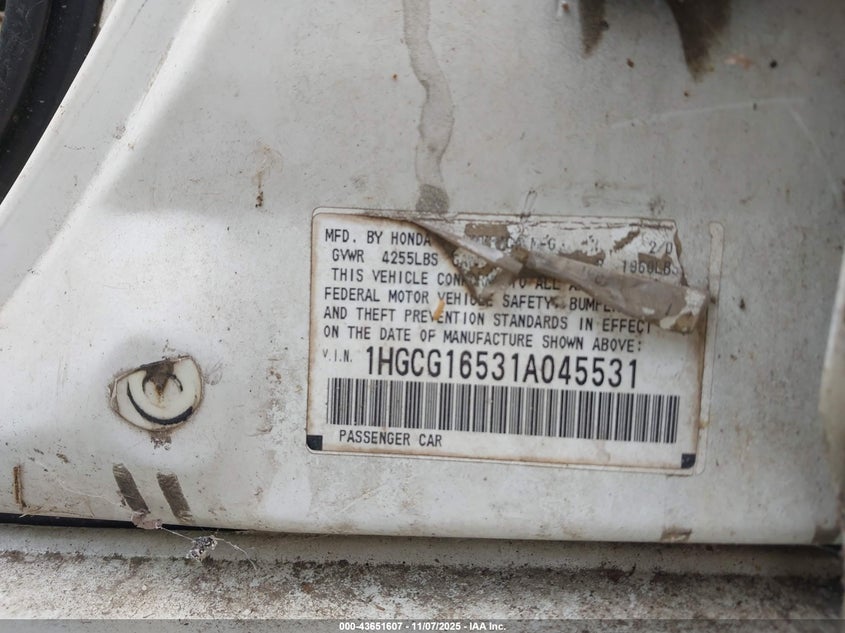 1HGCG16531A045531 2001 HONDA ACCORD photo no. 9