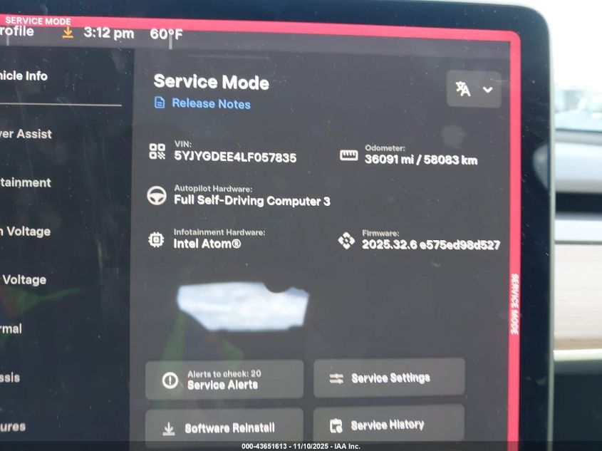 2020 Tesla Model Y Long Range Dual Motor All-Wheel Drive VIN: 5YJYGDEE4LF057835 Lot: 43651613