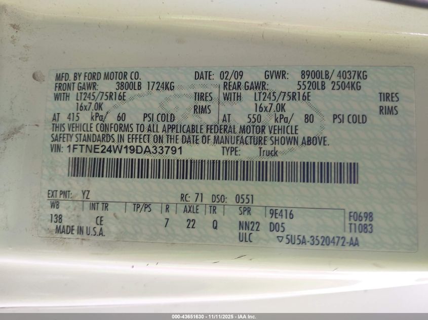 2009 Ford E-250 Commercial/Recreational VIN: 1FTNE24W19DA33791 Lot: 43651630