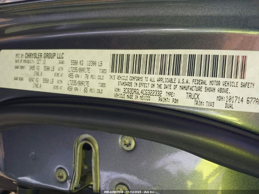 2012 Ram 3500 St VIN: 3C63DRGL4CG322332 Lot: 43651638