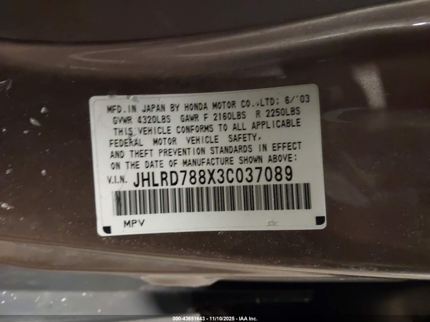 2003 Honda Cr-V Ex VIN: JHLRD788X3C037089 Lot: 43651643