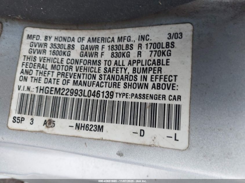 2003 Honda Civic Ex VIN: 1HGEM22993L046139 Lot: 43651665