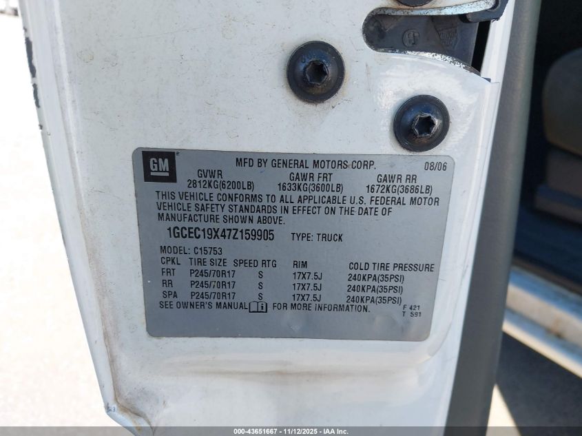 2007 Chevrolet Silverado 1500 Classic Work Truck VIN: 1GCEC19X47Z159905 Lot: 43651667