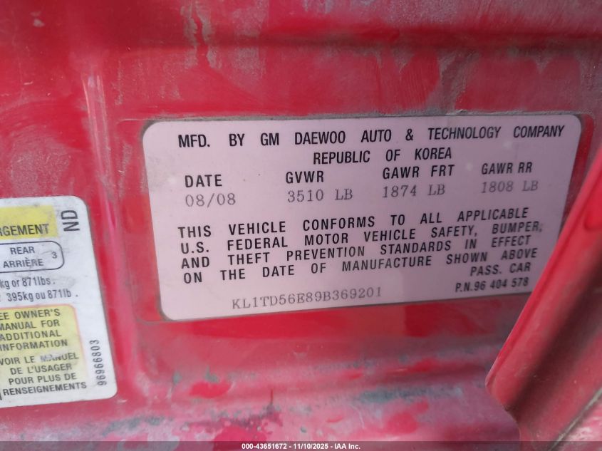 2009 Chevrolet Aveo Ls VIN: KL1TD56E89B369201 Lot: 43651672