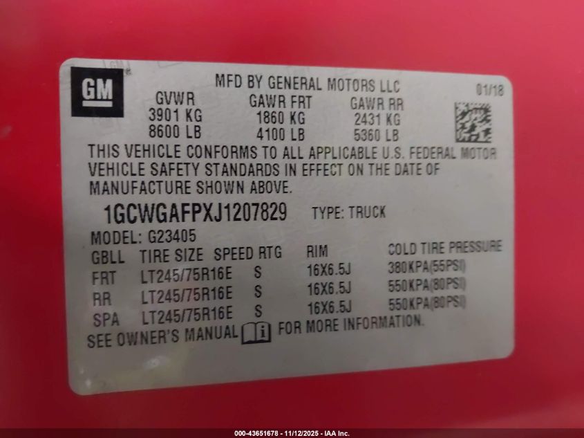 2018 Chevrolet Express 2500 Work Van VIN: 1GCWGAFPXJ1207829 Lot: 43651678