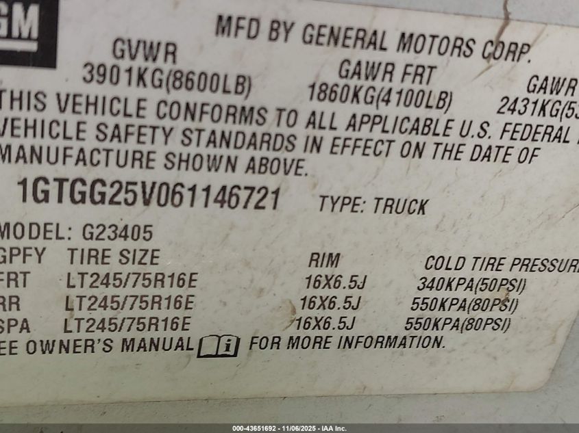 2006 GMC Savana Work Van VIN: 1GTGG25V061146721 Lot: 43651692