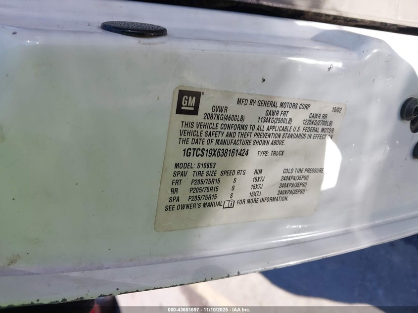 2003 GMC Sonoma Sls VIN: 1GTCS19X638161424 Lot: 43651697