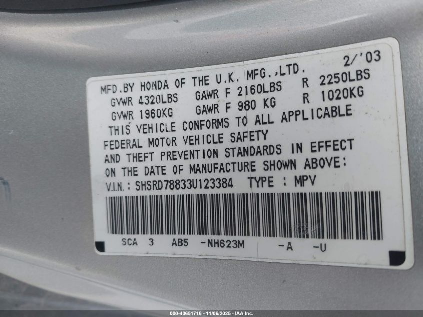 2003 Honda Cr-V Ex VIN: SHSRD78833U123384 Lot: 43651716