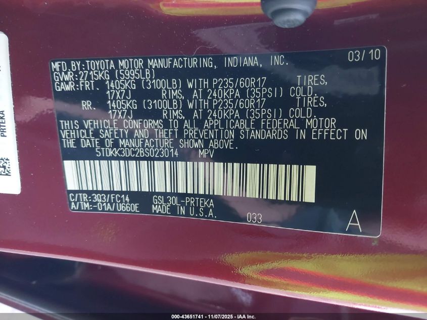 2011 Toyota Sienna Le V6 VIN: 5TDKK3DC2BS023014 Lot: 43651741