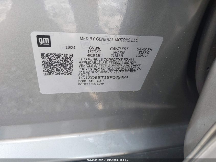 2025 Chevrolet Malibu Fwd 1Lt VIN: 1G1ZD5ST1SF142494 Lot: 43651757