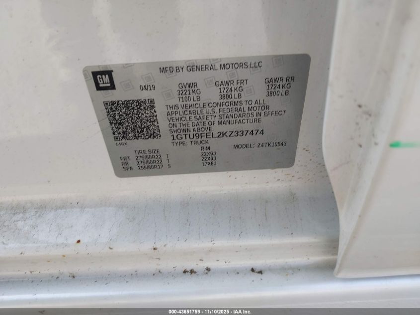 2019 GMC Sierra 1500 Denali VIN: 1GTU9FEL2KZ337474 Lot: 43651759