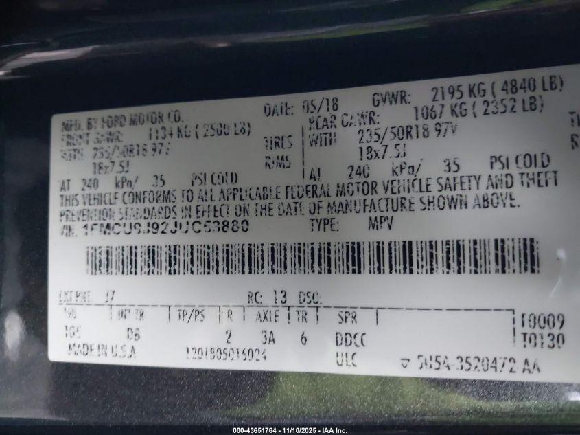 2018 Ford Escape Titanium VIN: 1FMCU9J92JUC53880 Lot: 43651764