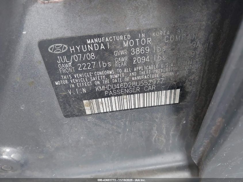 2008 Hyundai Elantra Gls/Se VIN: KMHDU46D28U552977 Lot: 43651773