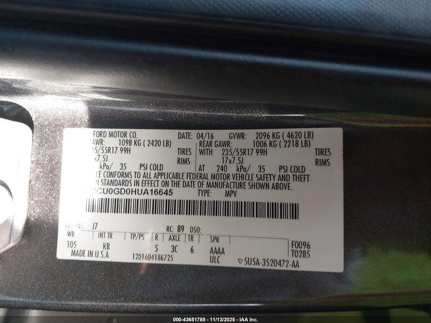 2017 Ford Escape Se VIN: 1FMCU0GD0HUA16645 Lot: 43651788