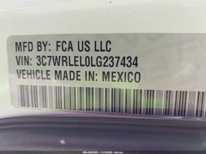 2020 Ram 4500 Chassis Tradesman/Slt/Laramie/Limited VIN: 3C7WRLEL0LG237434 Lot: 43651851