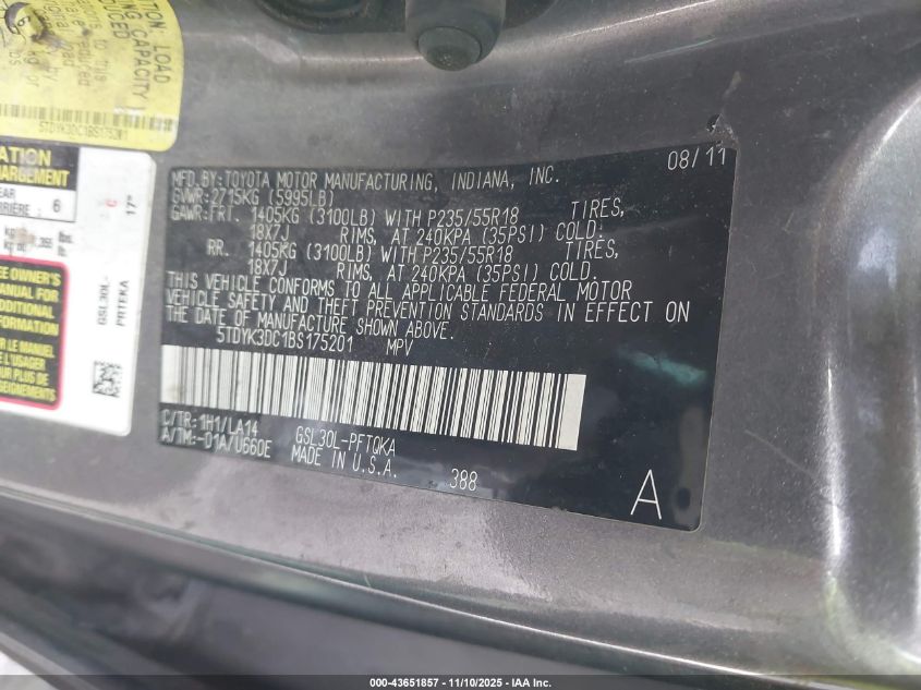 2011 Toyota Sienna Limited V6 VIN: 5TDYK3DC1BS175201 Lot: 43651857