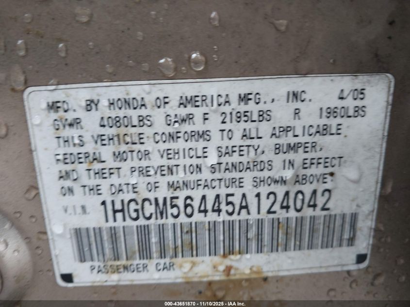 2005 Honda Accord 2.4 Lx VIN: 1HGCM56445A124042 Lot: 43651870