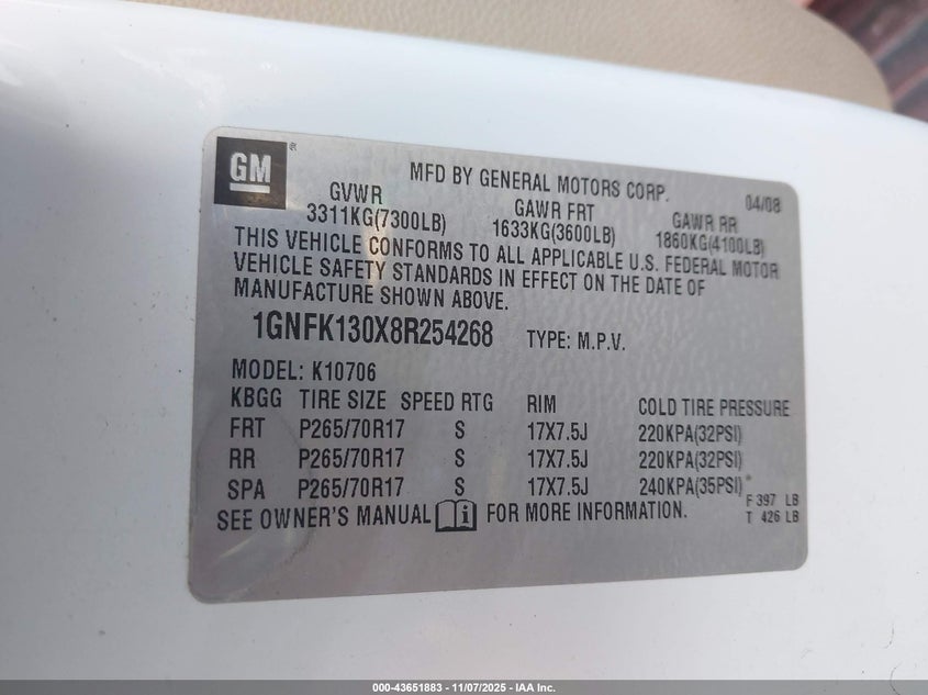 1GNFK130X8R254268 2008 CHEVROLET TAHOE photo no. 9