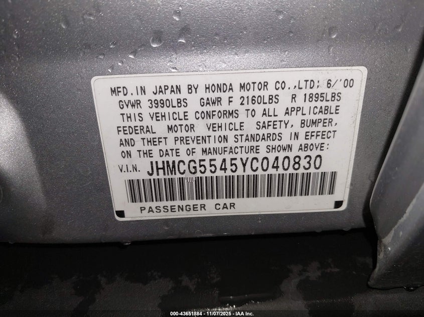 JHMCG5545YC040830 2000 HONDA ACCORD photo no. 9