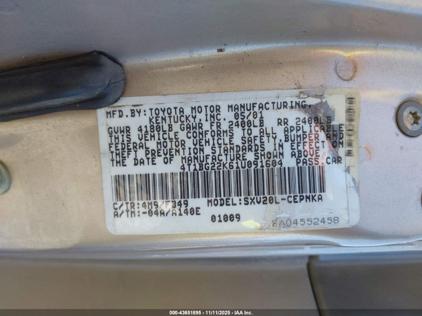 2001 Toyota Camry Le VIN: 4T1BG22K61U091604 Lot: 43651895