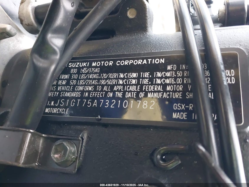 2003 Suzuki Gsx-R1000 VIN: JS1GT75A732101782 Lot: 43651929