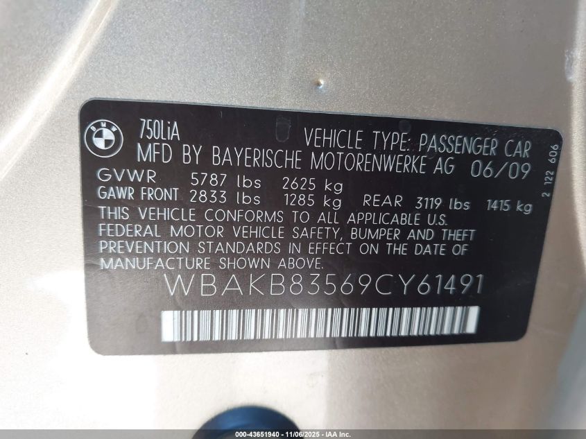 2009 BMW 750Li VIN: WBAKB83569CY61491 Lot: 43651940