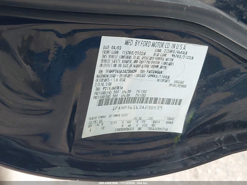 2003 Ford Taurus Sel VIN: 1FAHP56S63A230439 Lot: 43651948