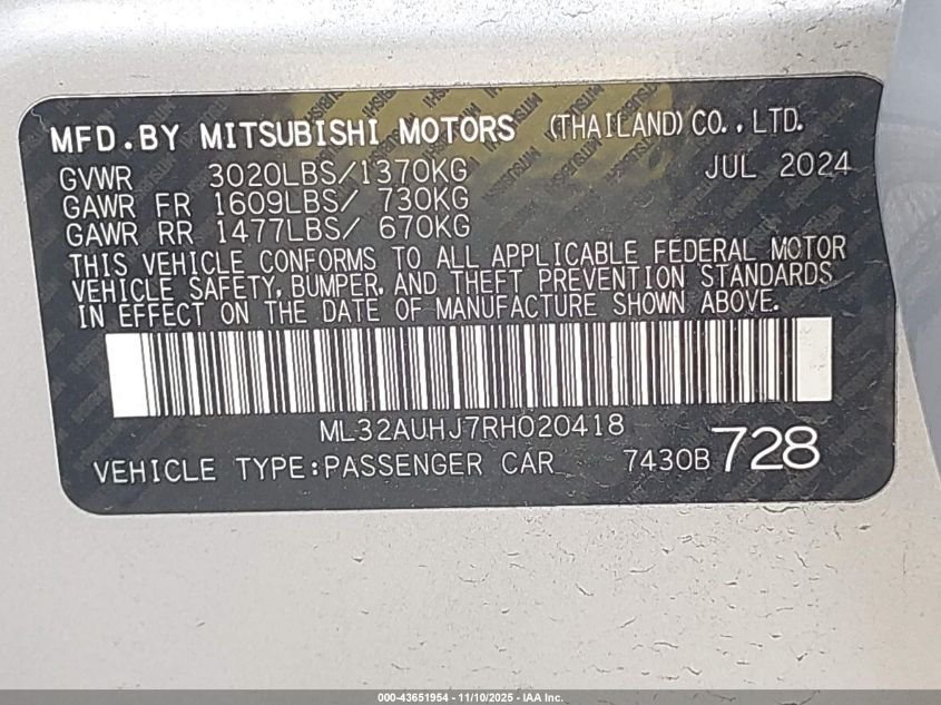 2024 Mitsubishi Mirage Es/Le VIN: ML32AUHJ7RH020418 Lot: 43651954