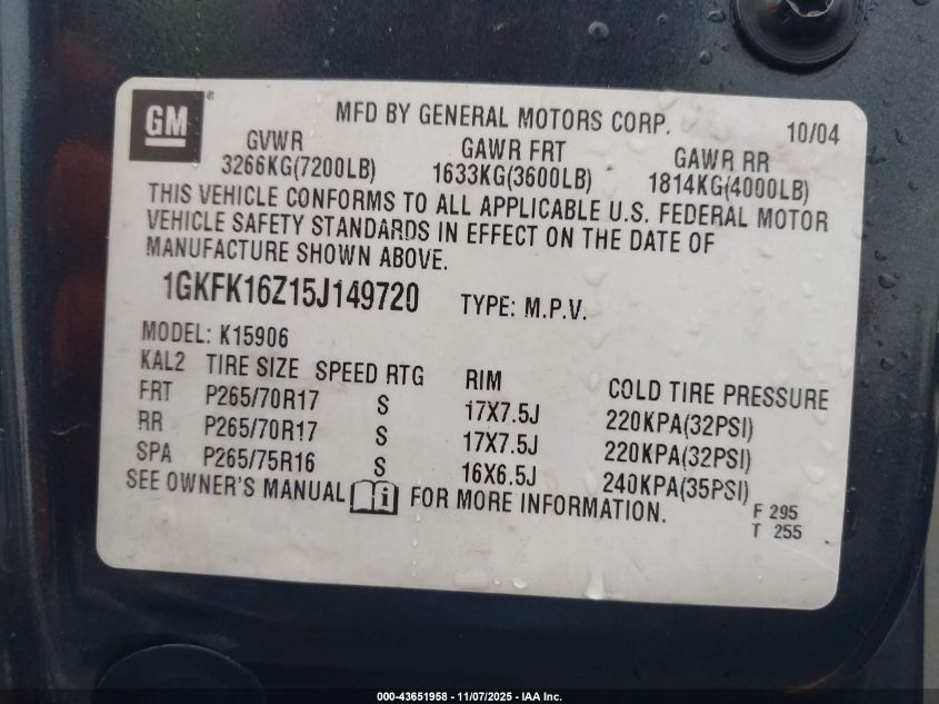 2005 GMC Yukon Xl 1500 Slt VIN: 1GKFK16Z15J149720 Lot: 43651958