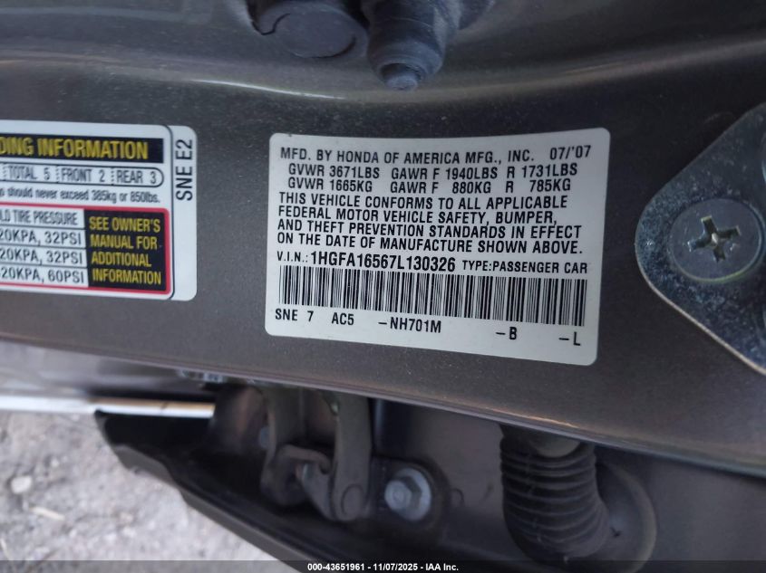 2007 Honda Civic Lx VIN: 1HGFA16567L130326 Lot: 43651961