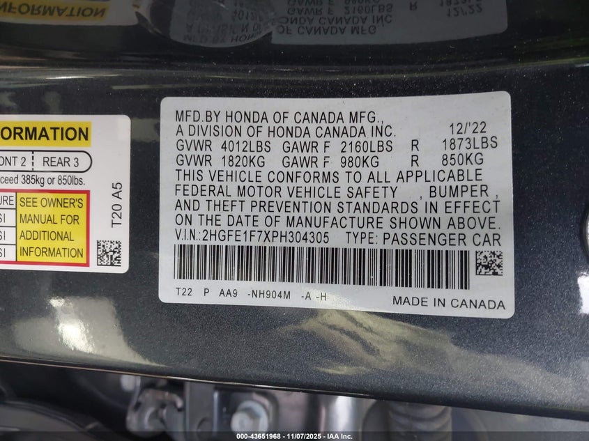 2023 HONDA CIVIC EX/EX W/O BSI - 2HGFE1F7XPH304305