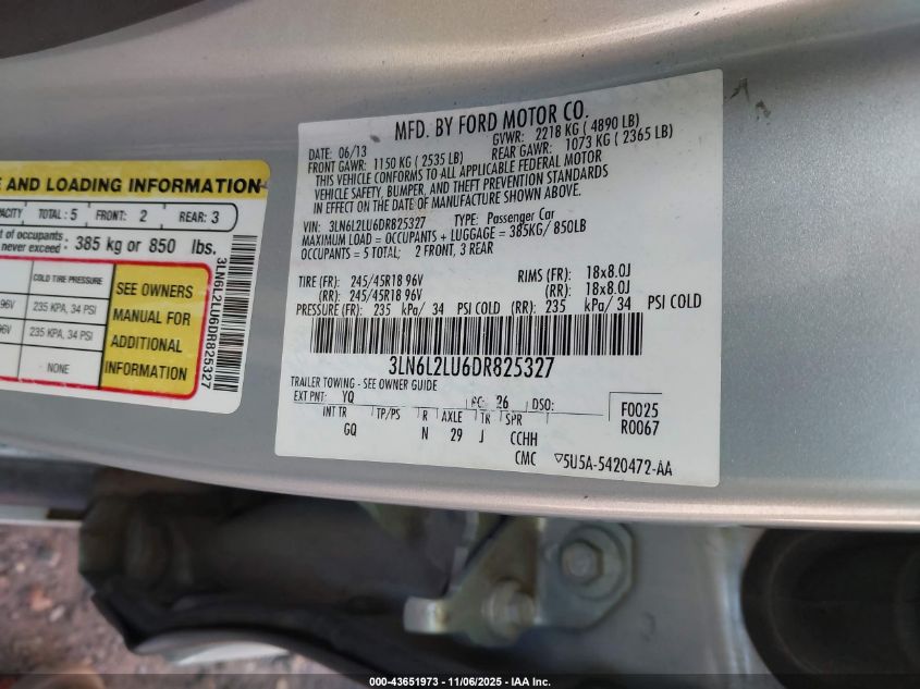 2013 Lincoln Mkz Hybrid VIN: 3LN6L2LU6DR825327 Lot: 43651973