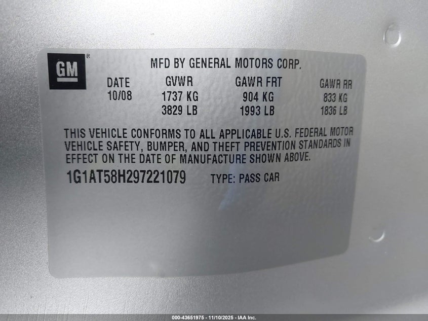 2009 Chevrolet Cobalt Lt VIN: 1G1AT58H297221079 Lot: 43651975