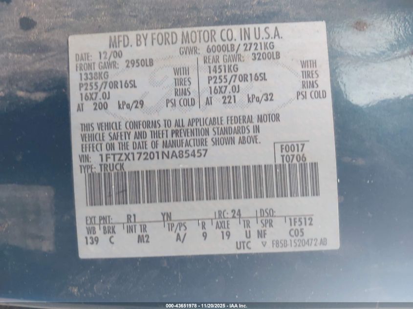 2001 Ford F-150 Xl/Xlt VIN: 1FTZX17201NA85457 Lot: 43651978