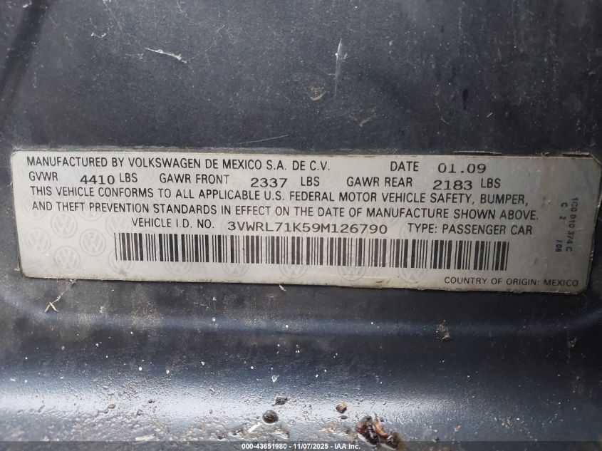 2009 Volkswagen Jetta Tdi VIN: 3VWRL71K59M126790 Lot: 43651980